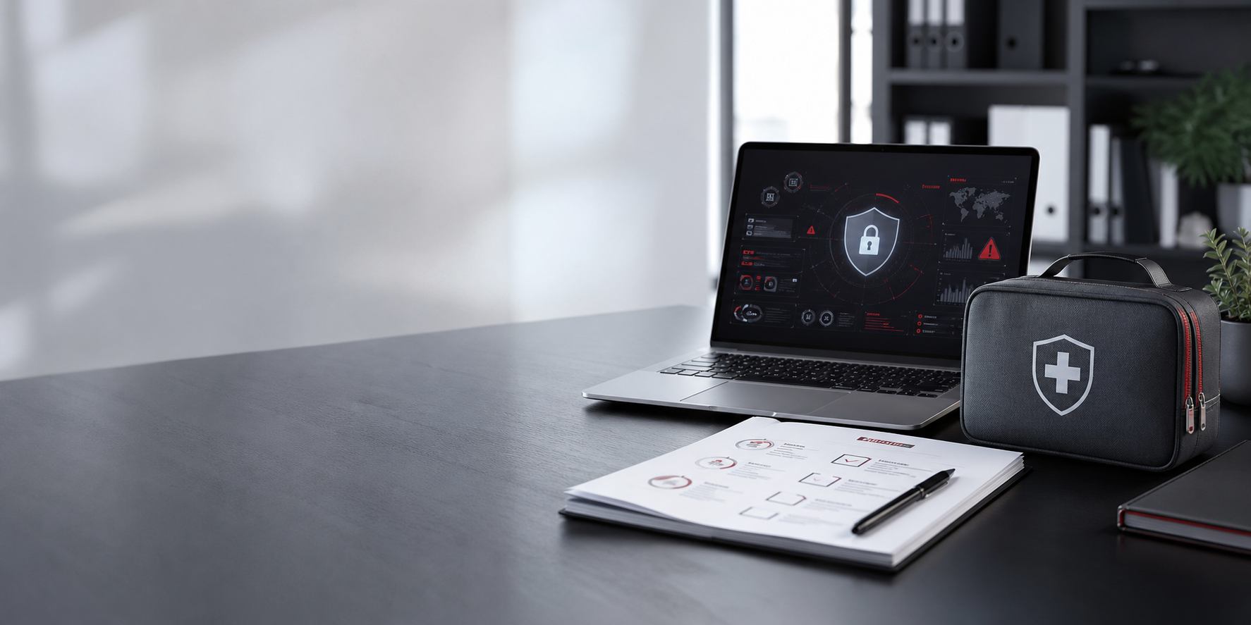 Cybersecurity response desk with a laptop, checklist, and incident response kit.